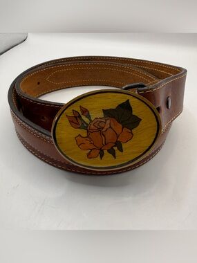 Metal embossed rose leather belt vintage festival boho size 30